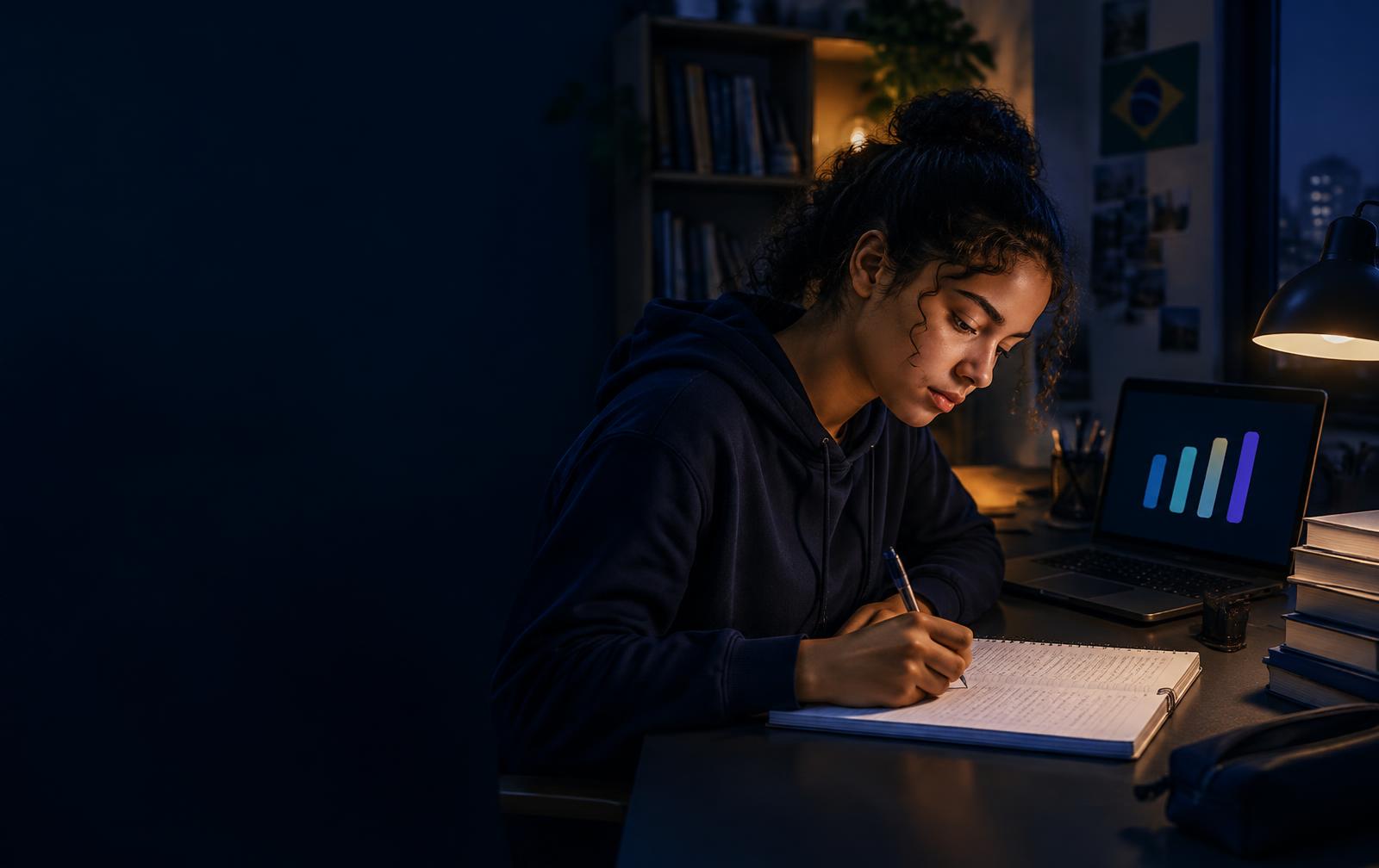 Estudante escrevendo uma redação com acompanhamento de evolução